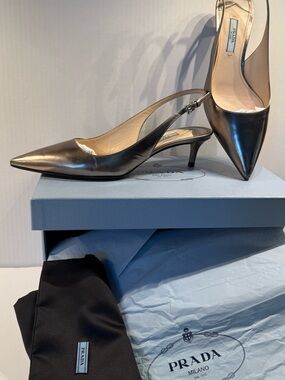 Prada Metallic Bronze Pointed Slingback Kitten Heels